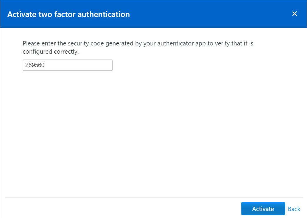Prompt for a security code to finish the activation for two factor authentication.